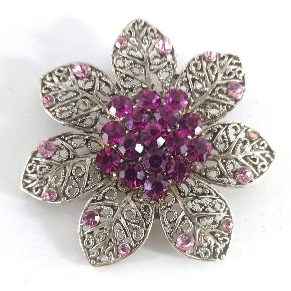 Vintage Brooch Pin Flower Hot Pink Rhinestone Cluster Silver Tone Filigree 2.5"